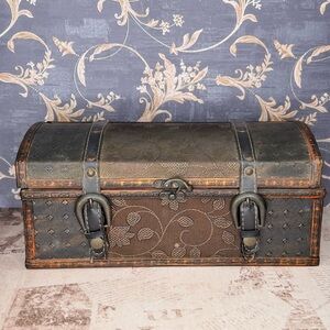 Vintage Leather Dome Top Jewelry Trunk Fabric Covered Wood Box